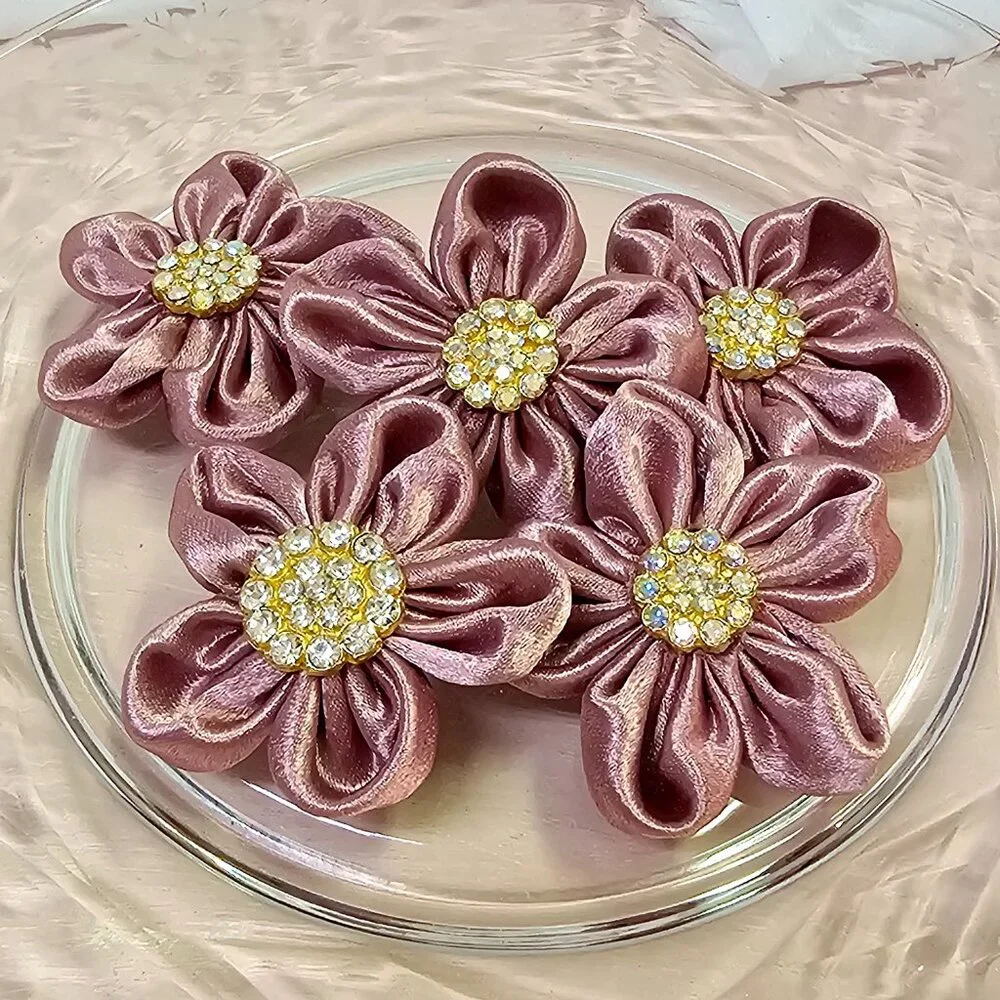 5pc Satin Sparkle Fabric Flower Set with Rhinestone Centers, Dusty Rose